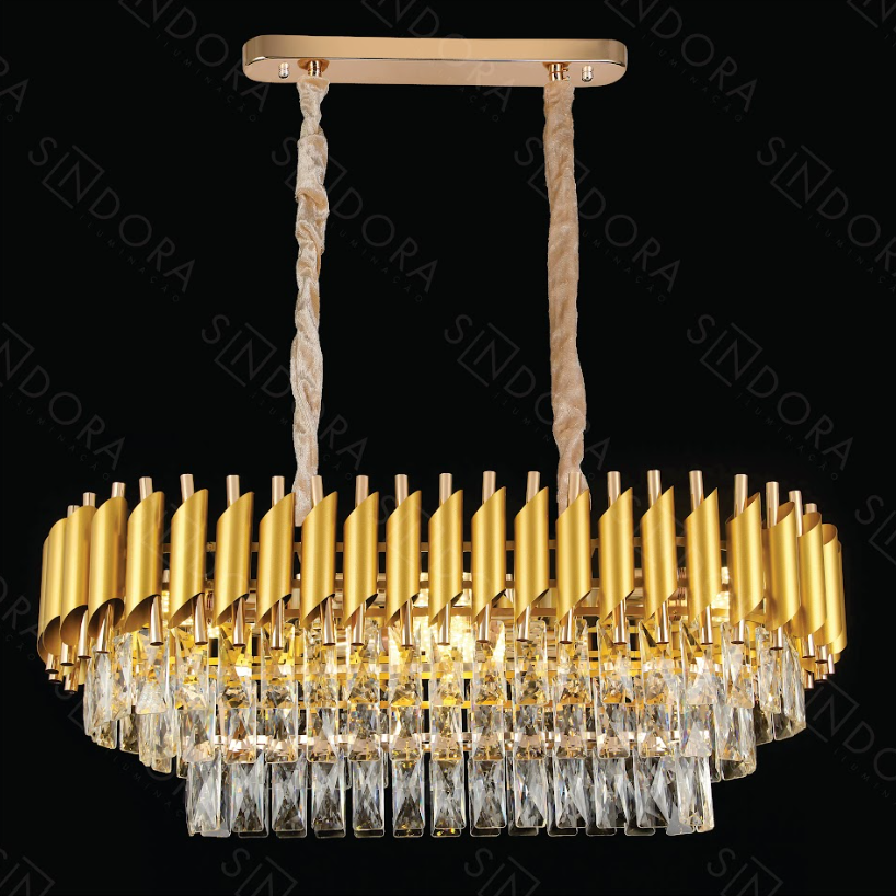 PENDENTE DOURADO L750*350MM METAL+CRISTAL E14*8 BIVOLT