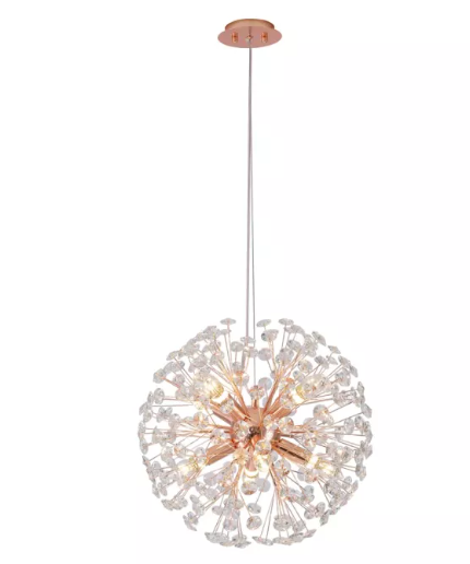 PENDENTE ALUMINIO+CRISTAL DOURADO/ROSE BIVOLT 800MM E14*24