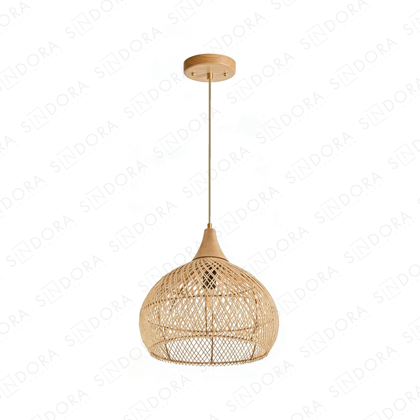 Pendente com Cúpula em Rattan e Detalhes Dourados