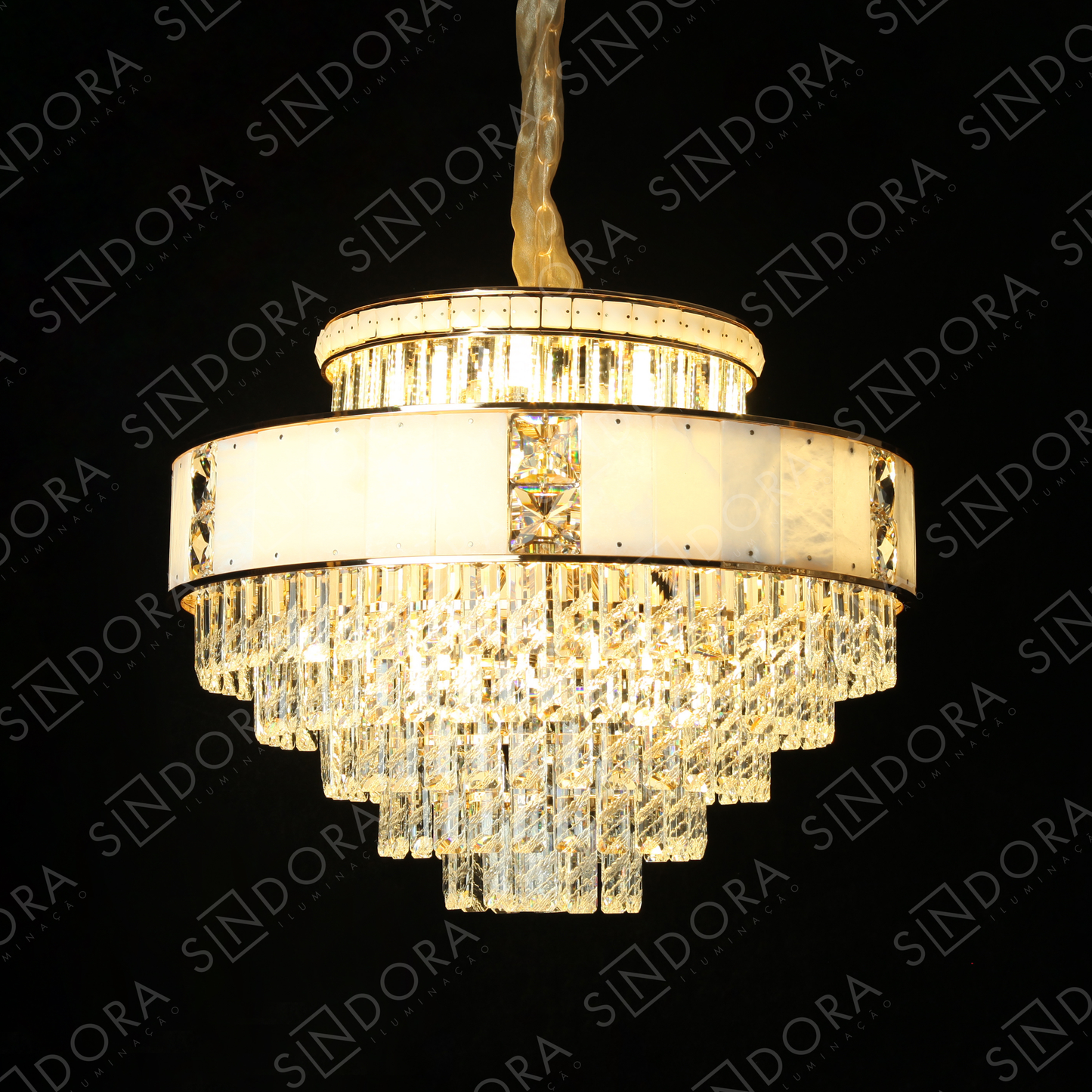 Pendente de Luxo Dourado com Cristal e Pedra Selenita Ø60x48cm com 16 Lâmpadas E14