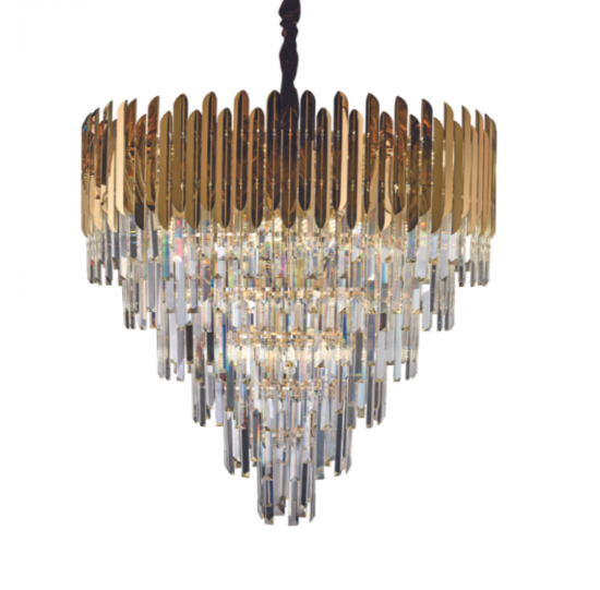 PENDENTE DOURADO 800*750mm INOX+FERRO+CRISTAL E14*24 BIVOLT
