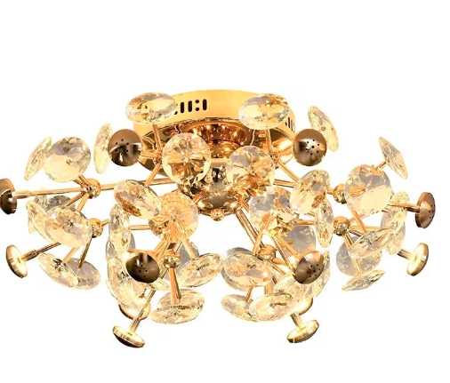 PLAFON FERRO+CRISTAL DOURADO+TRANSPARENTE BIVOLT 620*H300 G4*12