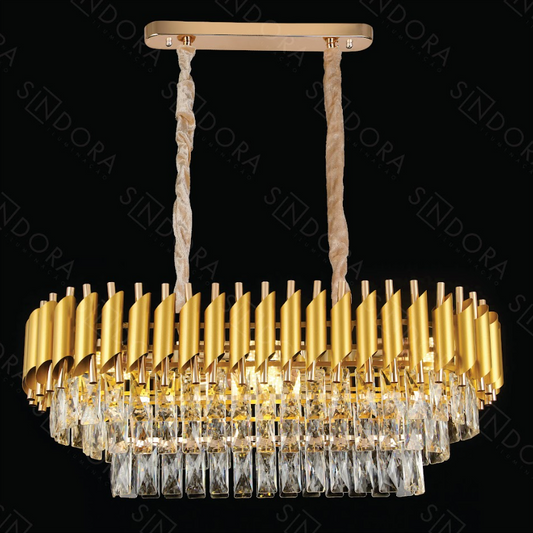PENDENTE DOURADO L750*350MM METAL+CRISTAL E14*8 BIVOLT