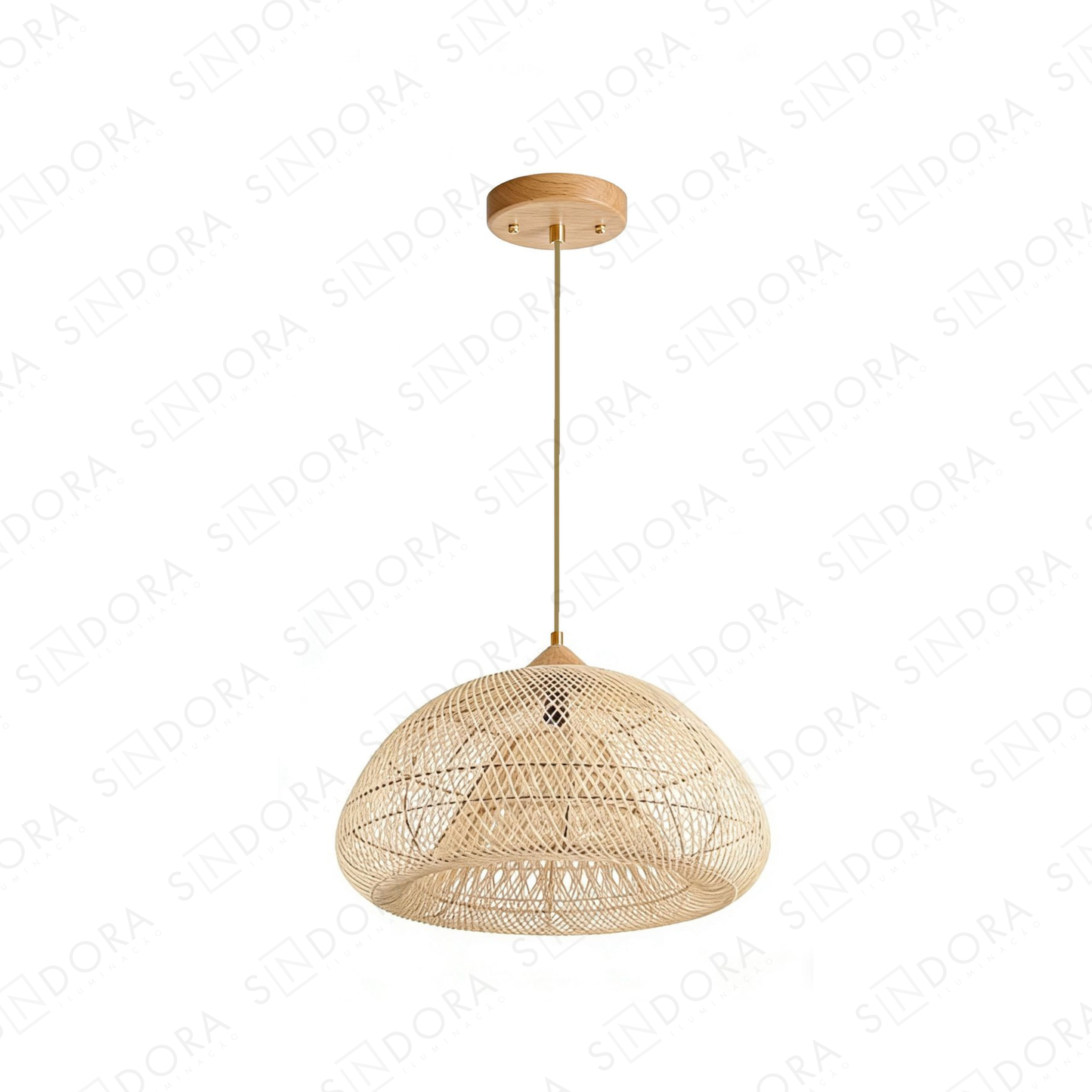 Pendente com Cúpula em Rattan e Detalhes Dourados