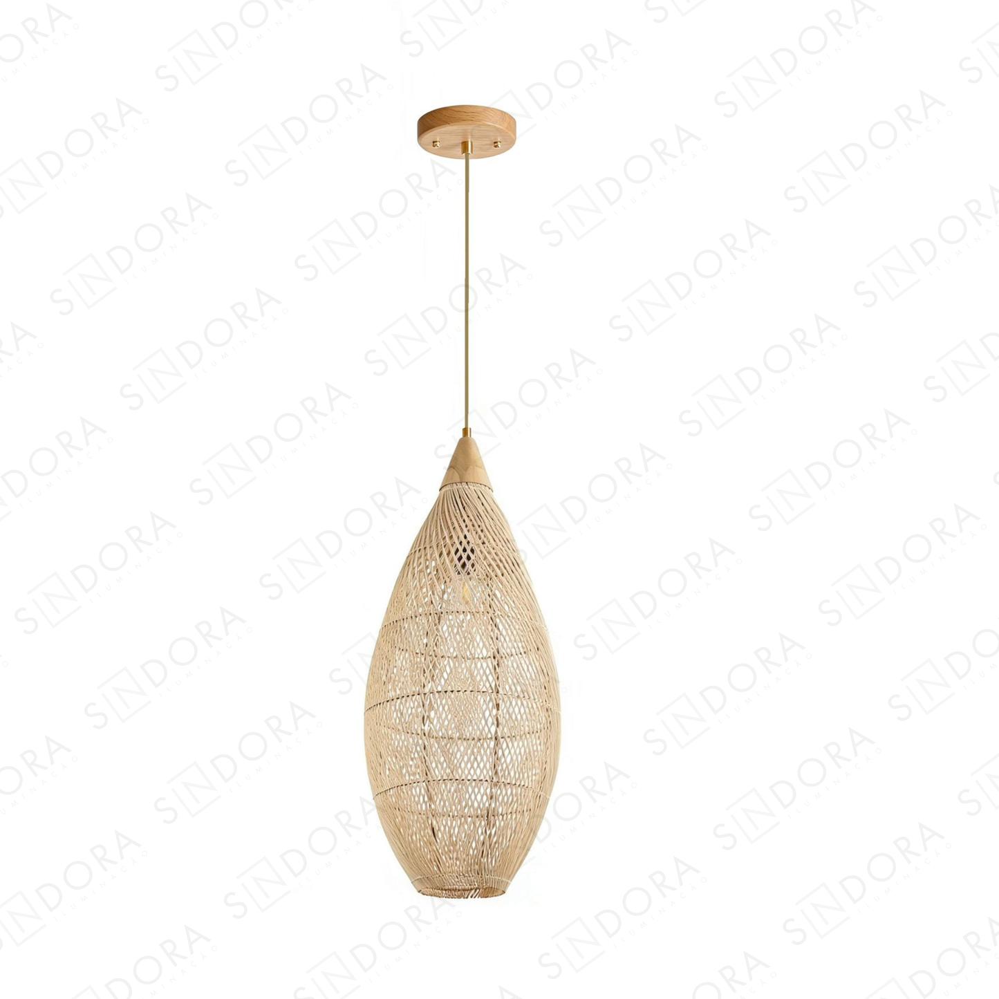 Pendente com Cúpula em Rattan e Detalhes Dourados