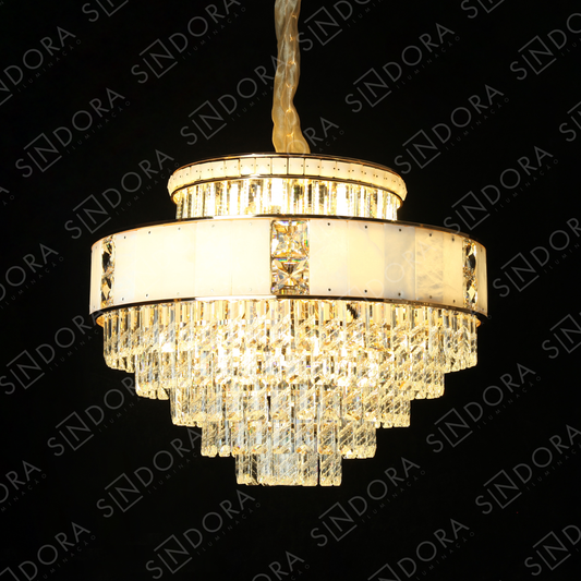 Pendente de Luxo Dourado com Cristal e Pedra Selenita Ø60x48cm com 16 Lâmpadas E14