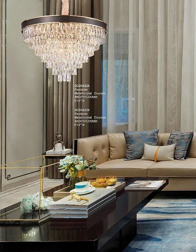 PENDENTE METAL+CRISTAL DOURADO+PERT 800*H520MM E14*18