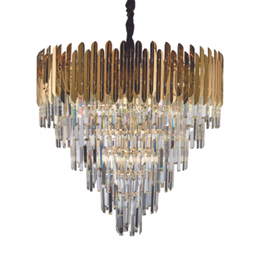 PENDENTE DOURADO 800*750mm INOX+FERRO+CRISTAL E14*24 BIVOLT