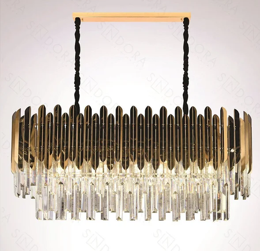 PENDENTE DOURADO 900*350*400mm INOX+FERRO+CRISTAL E14*12 BIVOLT