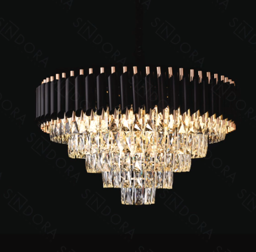 PENDENTE DOURADO PRETO METAL+CRISTAL BIVOLT 750MM E14*15